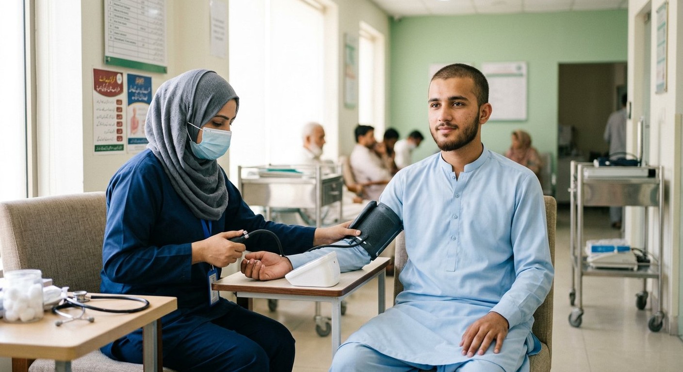Photograph: a young Pakistani student having a blood-pressure check at a clinic, a nurse taking notes, in soft daylight