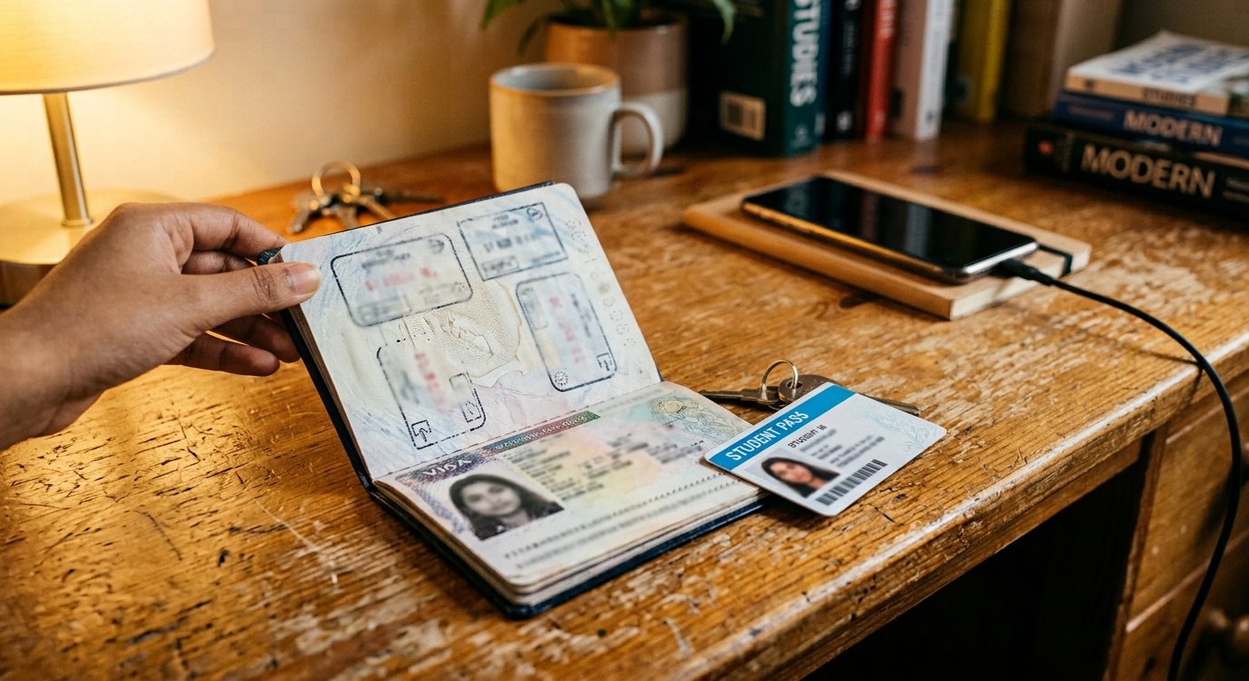 Photograph: a young Pakistani student at an airport check-in counter holding a passport and a documents folder in bright morning light