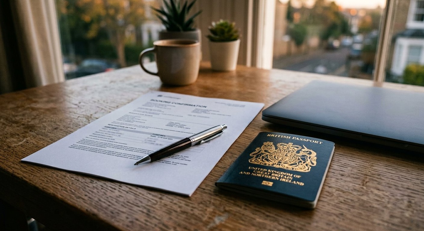 Photograph: a printed email confirmation beside a laptop and a passport on a desk in warm evening light