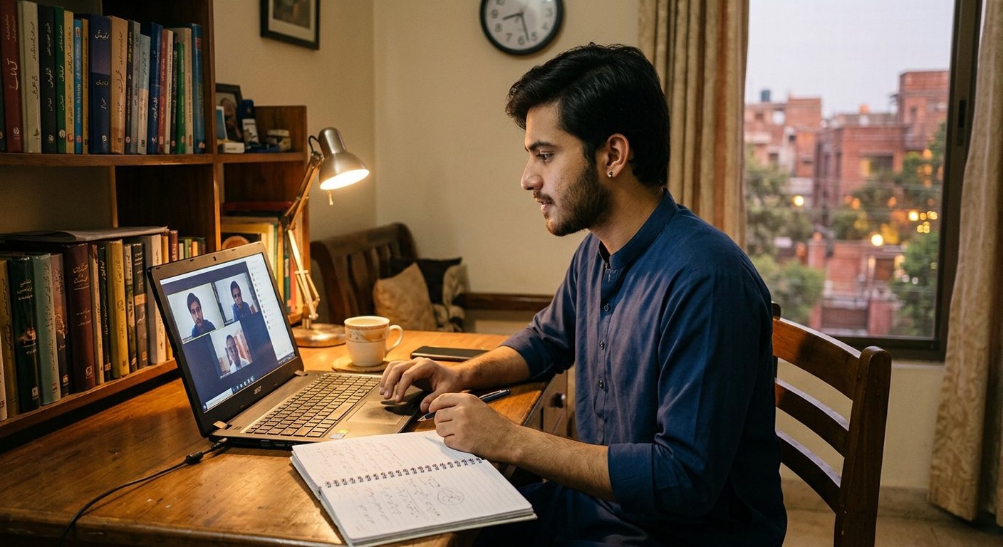 Photograph: a young Pakistani student on a video call at a home desk, notebook open beside the keyboard, in soft evening light
