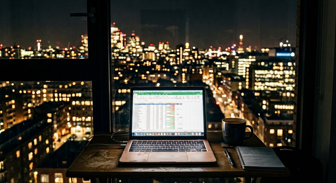 Photograph: a laptop on a small desk at night showing a spreadsheet of applications, a mug beside it, a city visible through the window