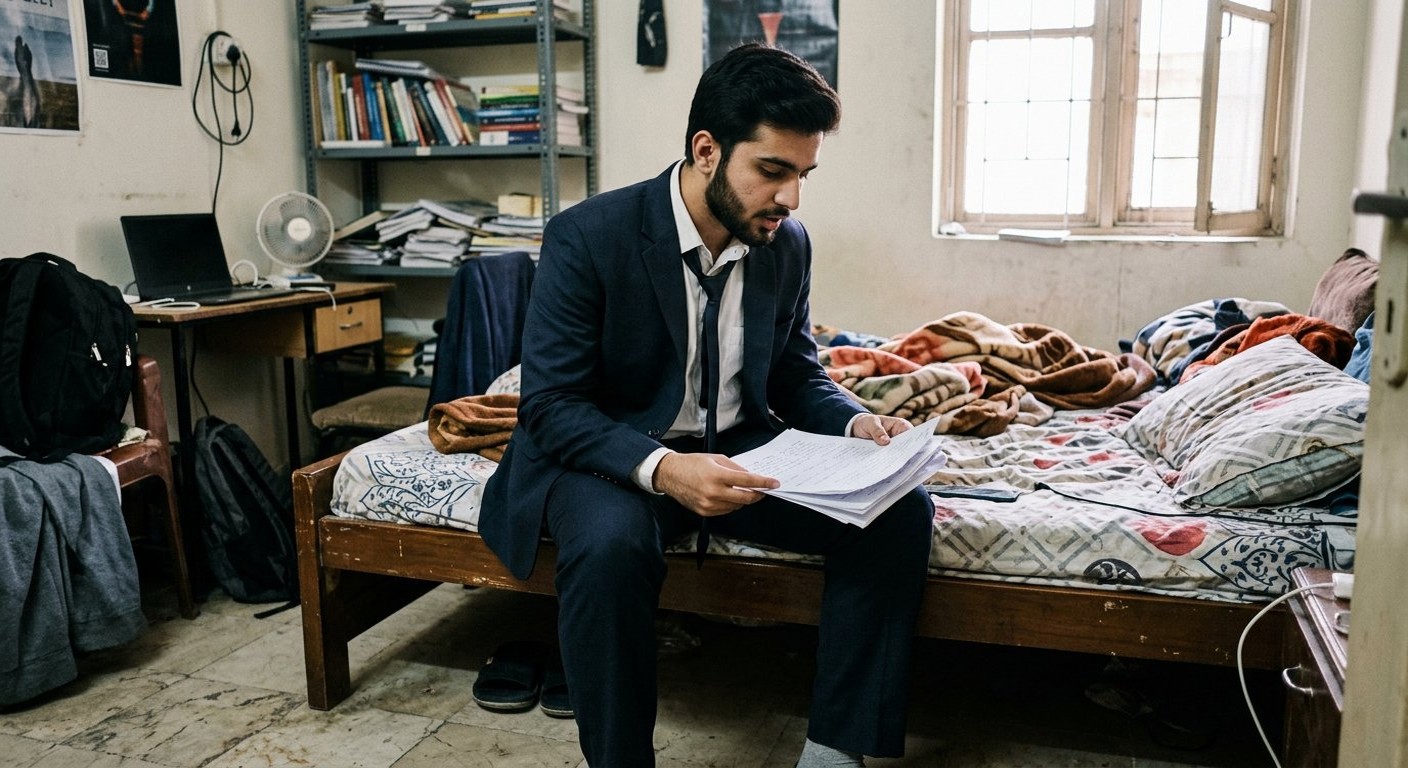 Photograph: a young man in a borrowed suit sitting on the edge of a bed in a small shared flat, rehearsing with printed notes on his knees