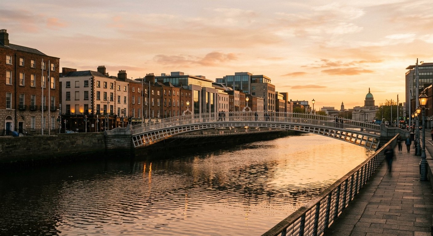 Photograph: two students walking across a Dublin campus quad in morning light, limestone buildings behind
