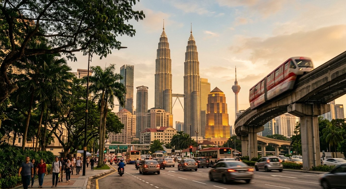 Photograph: the Kuala Lumpur skyline at golden hour, the twin towers rising above palms and a curving monorail track