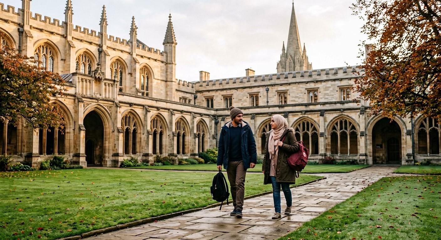 Photograph: two Pakistani students walking together through a historic UK university quadrangle in soft morning light