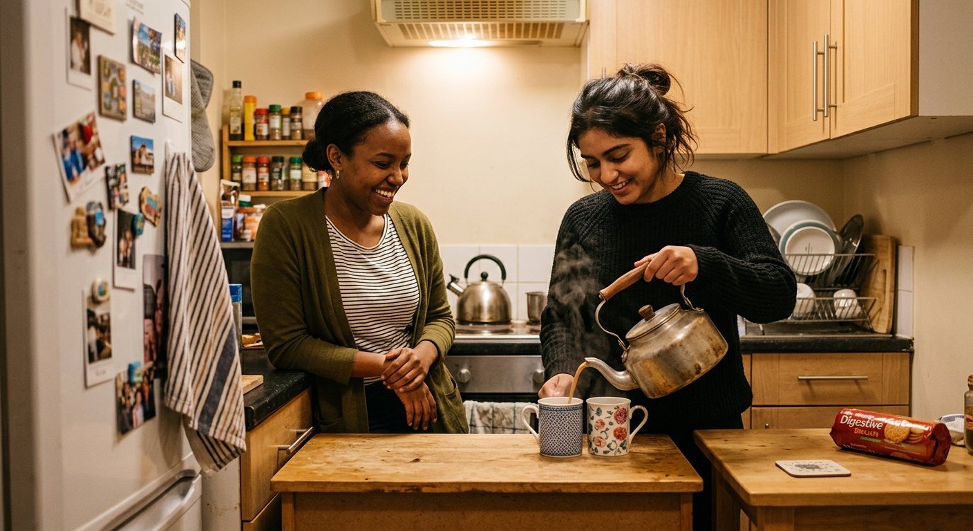 Photograph: two students pouring chai from a pot into cups at a small kitchen table in a shared flat, evening light