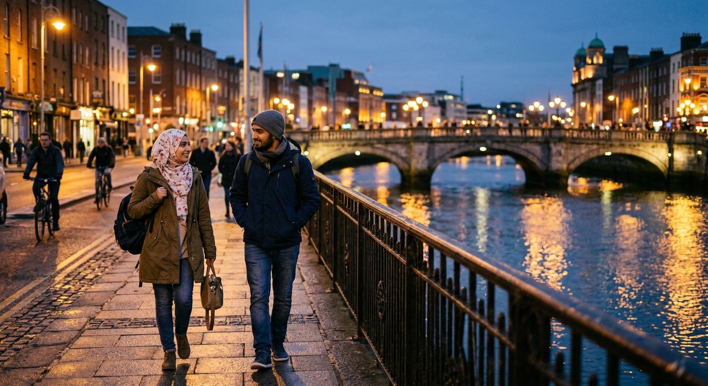 Photograph: two young Pakistani students walking and talking on a Dublin quay at dusk, river and streetlights behind them