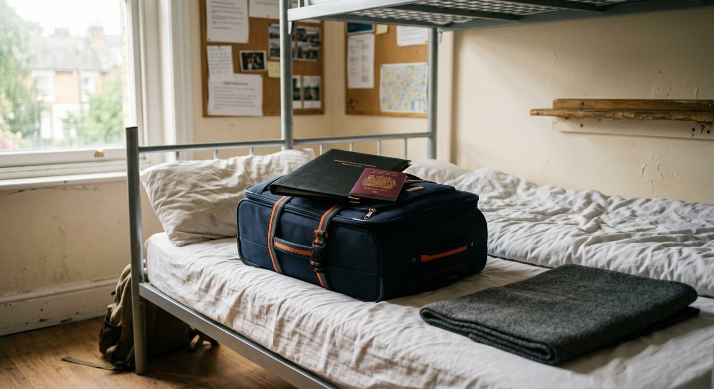 Photograph: a packed suitcase beside a degree folder and a passport on a hostel bed, in soft morning light