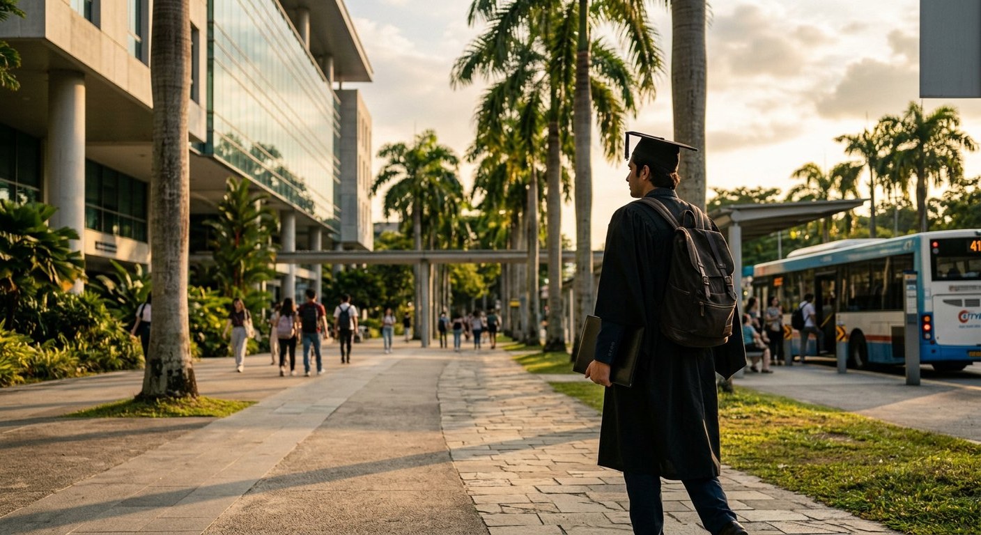 Photograph: a young Pakistani graduate with a degree folder walking away from a modern campus building toward a bus, in warm late-afternoon light