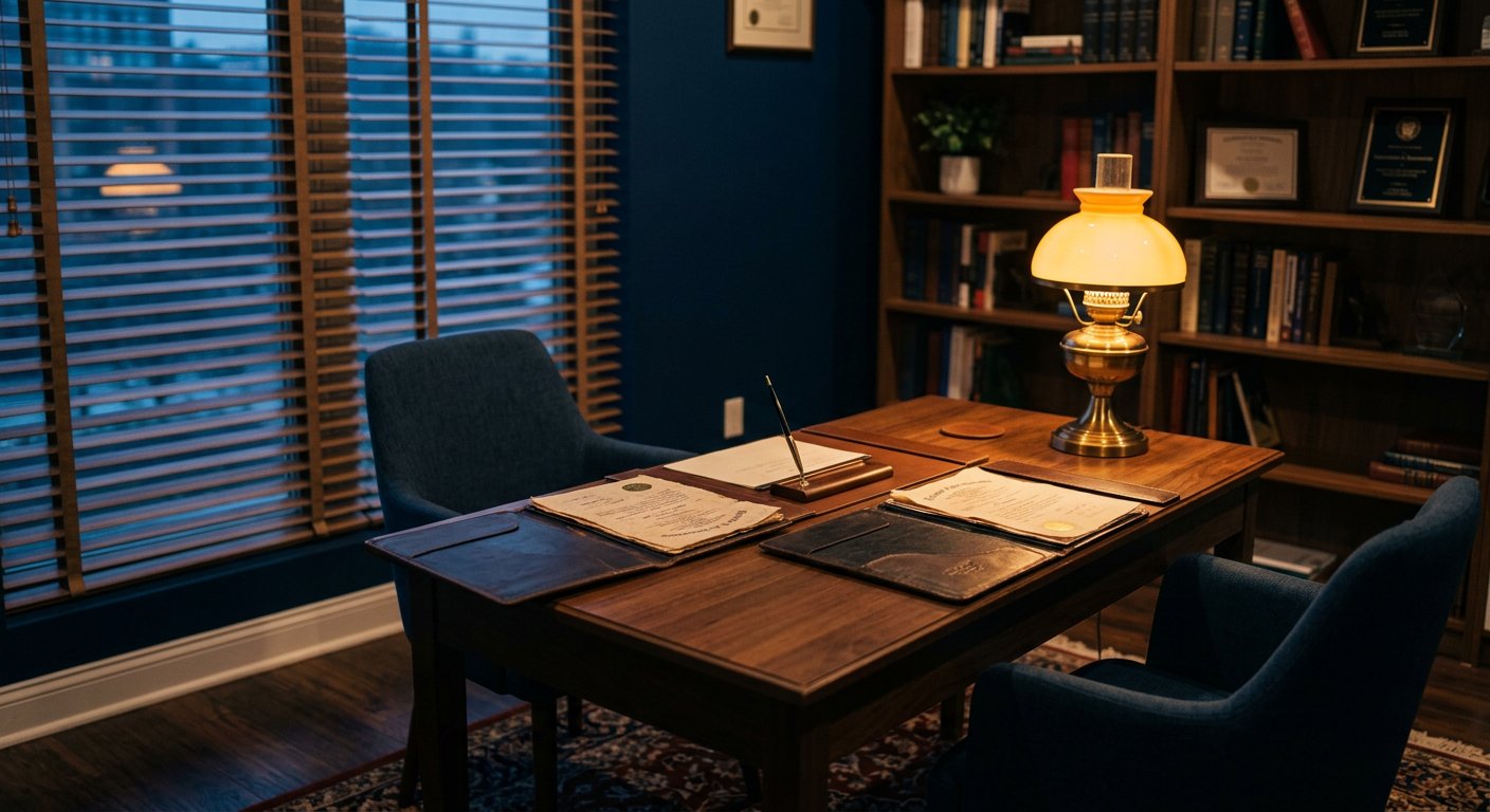 Photograph: a quiet consultation desk with two chairs and open folders of certificates