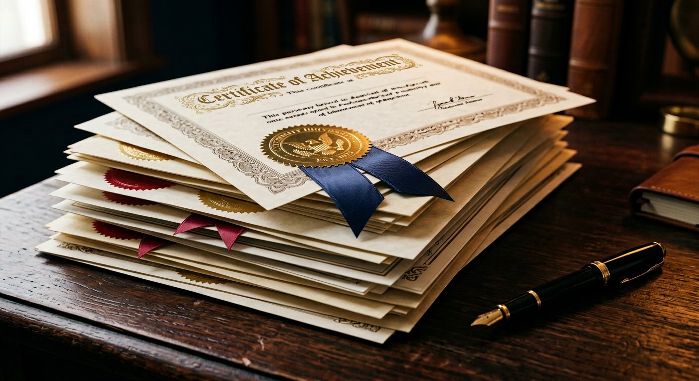Photograph: official certificates with embossed stamps and ribbons stacked on a dark wooden desk