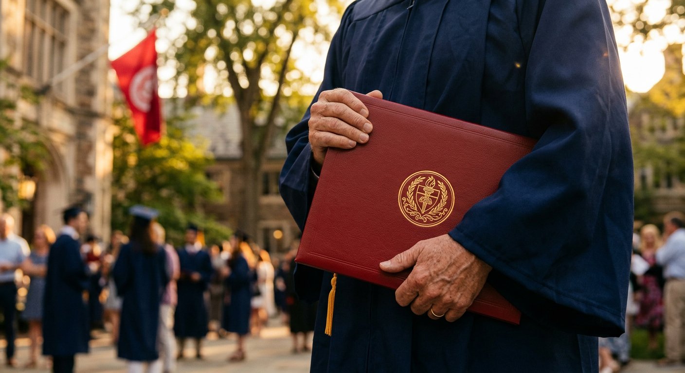 Photograph: graduate's hands in a navy gown holding a red diploma folder with a gold seal