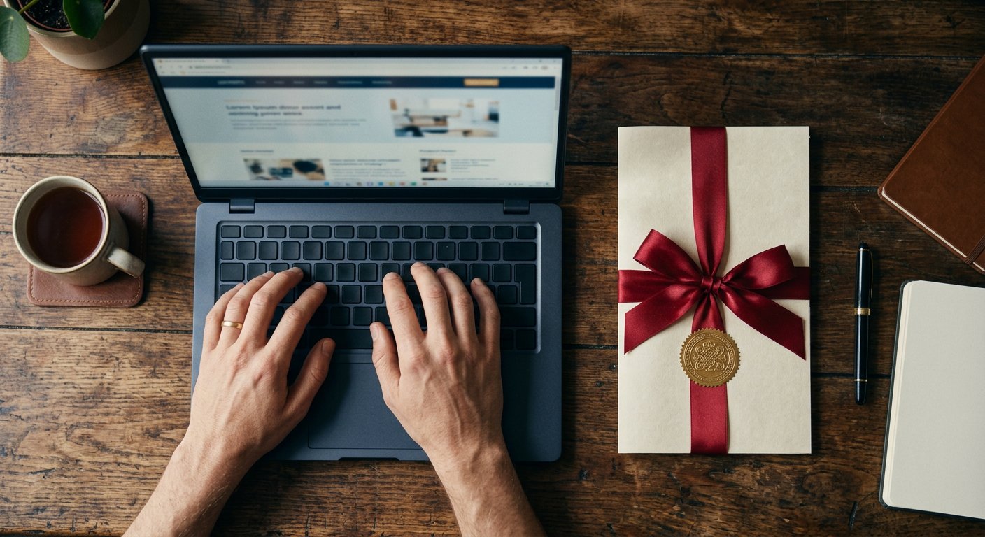 Photograph: hands typing on a laptop beside a certificate closed with a red ribbon