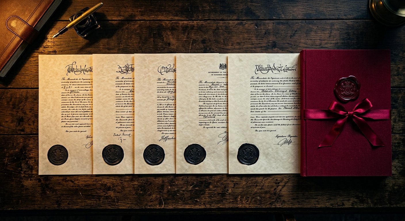 Photograph: official documents in a row on a dark desk, each with an embossed stamp, ending in a red ribbon-bound folder
