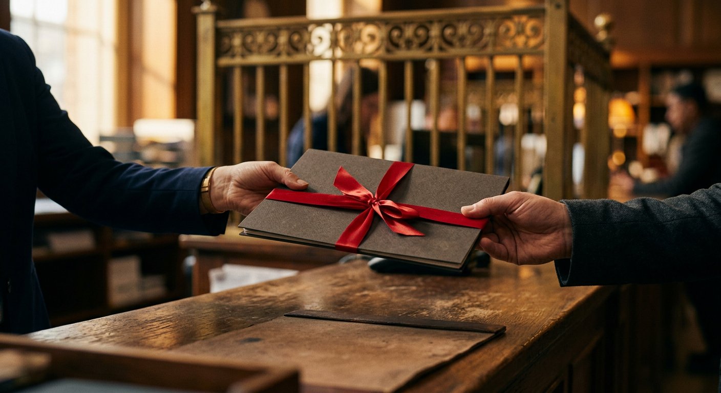 Photograph: hands receiving a red-ribbon-bound document folder across an office counter