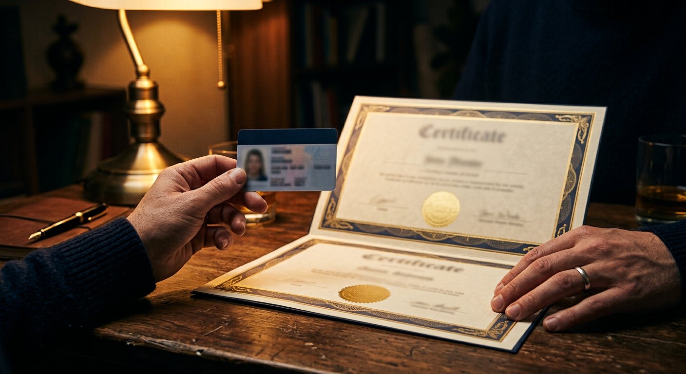 Photograph: hands comparing an identity card with an open certificate under a desk lamp at night