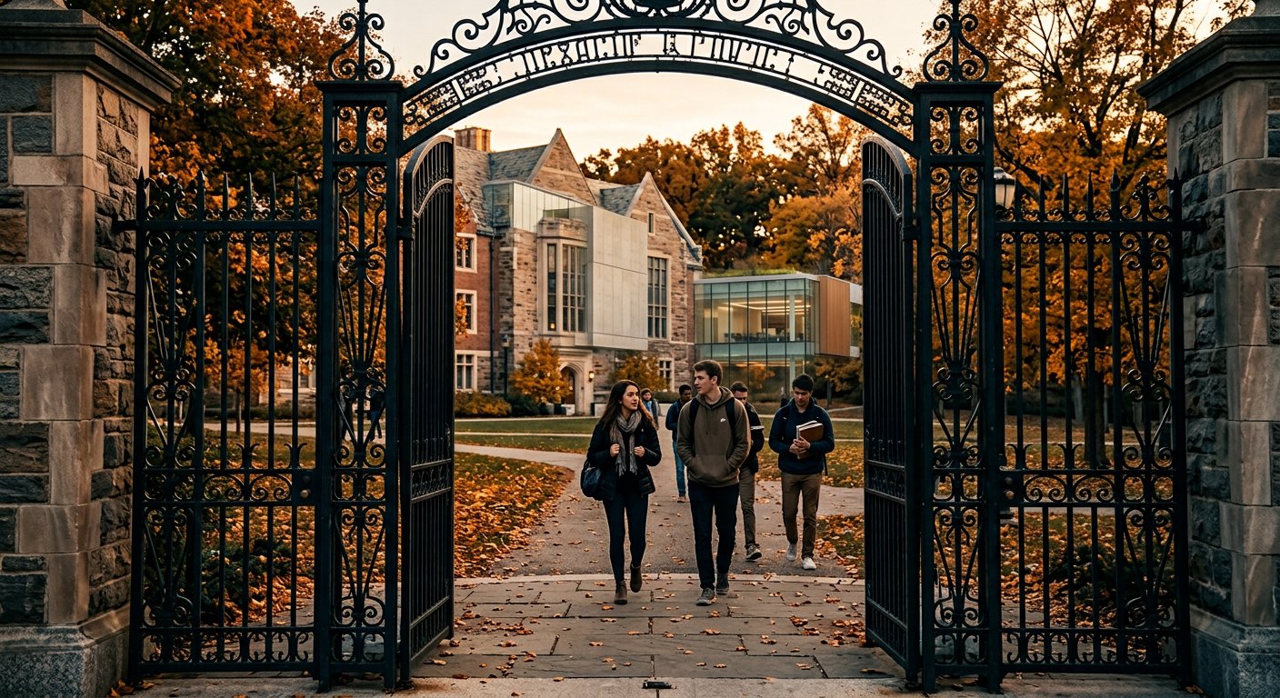 Photograph: an open campus gate with students walking through in afternoon light