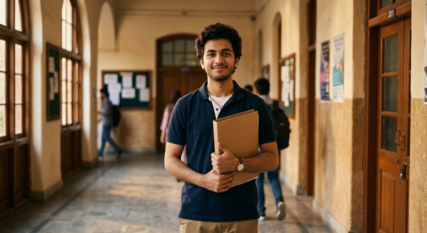 Photograph: a young Pakistani student holding a document folder in a sunlit college corridor
