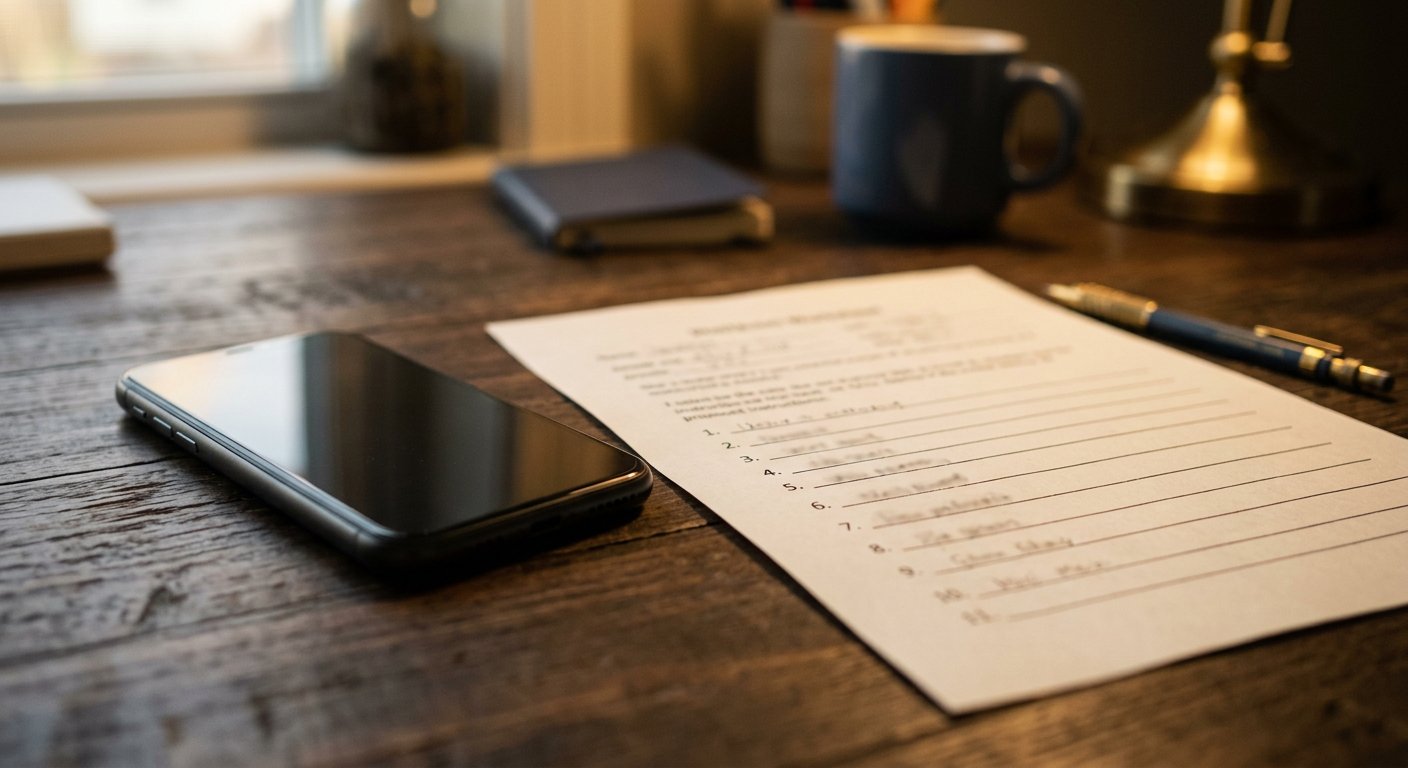 Photograph: a smartphone and a printed worksheet with numbered blank rows on a dark wooden desk in warm light