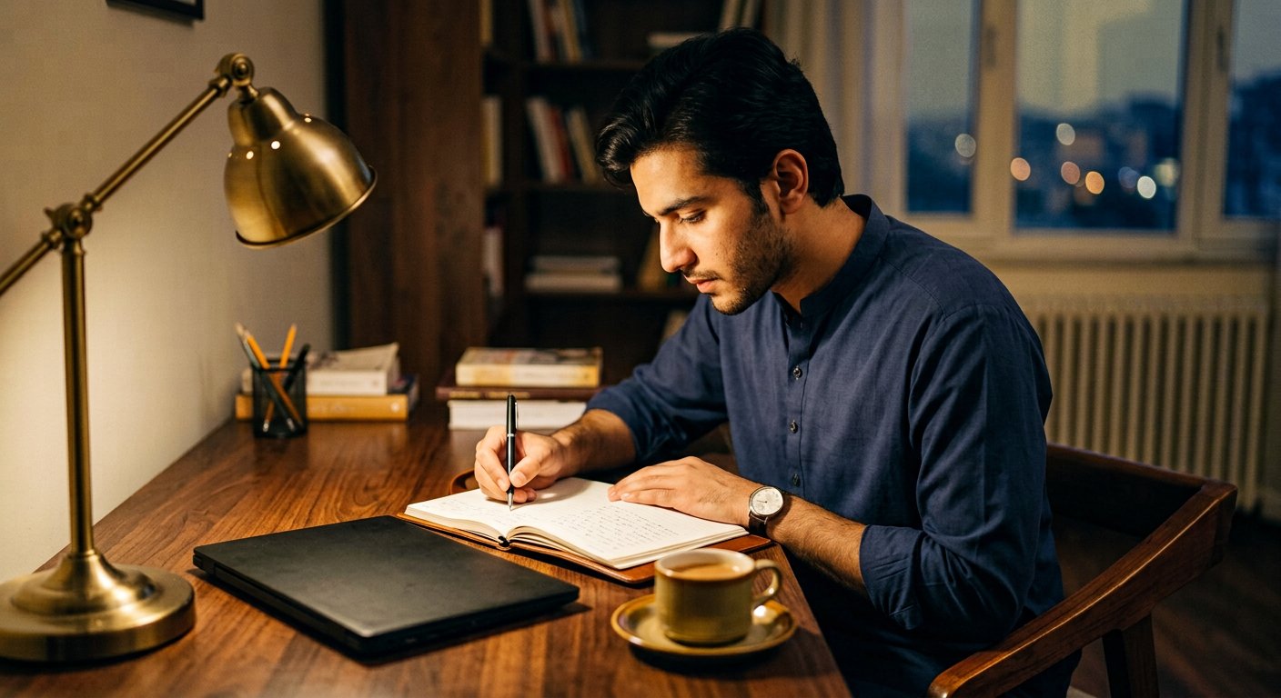 Photograph: a young Pakistani man writing in a notebook at a study desk in warm evening light
