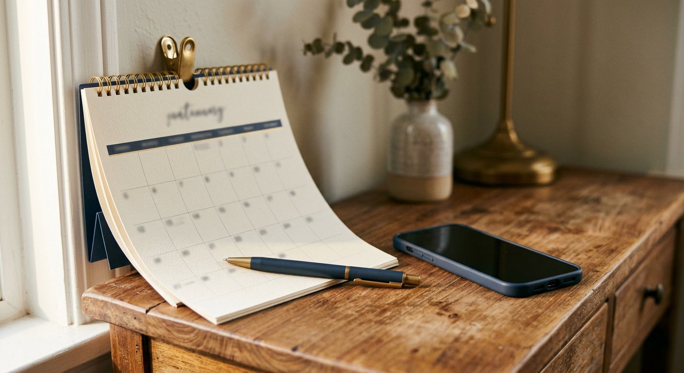 Photograph: a paper wall calendar with blurred date squares beside a smartphone in warm morning light