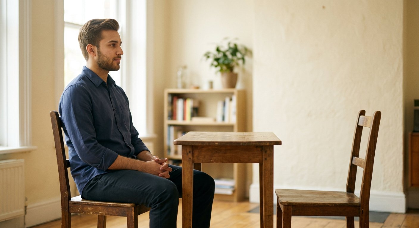 Photograph: a young Pakistani man sitting calmly opposite an empty chair in a bright quiet room