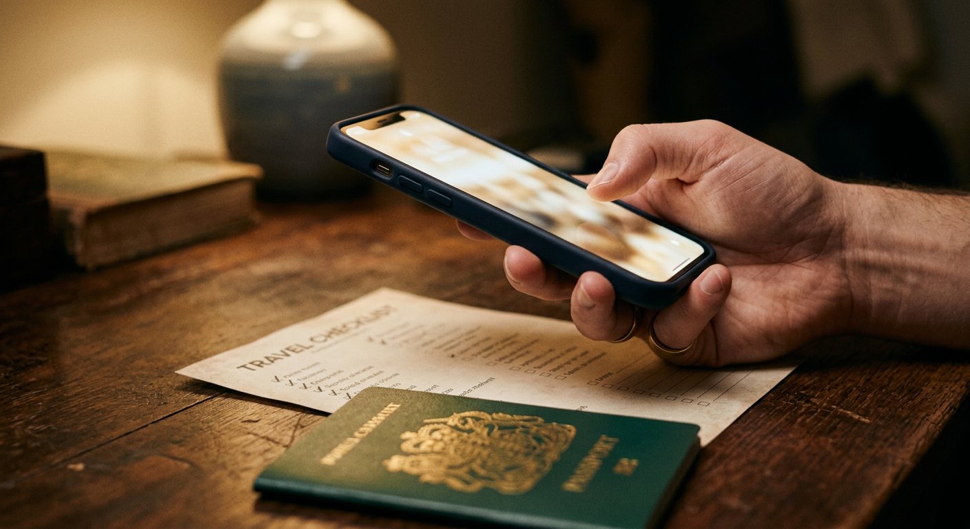 Photograph: a hand holding a smartphone above a desk with a printed checklist and a passport in warm lamplight