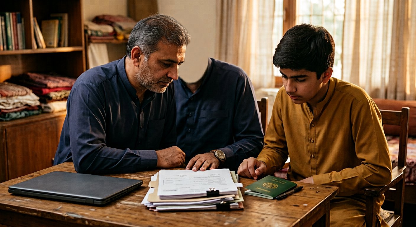 Photograph: a Pakistani father and his teenage son reviewing travel documents and a passport at a home desk in warm afternoon light