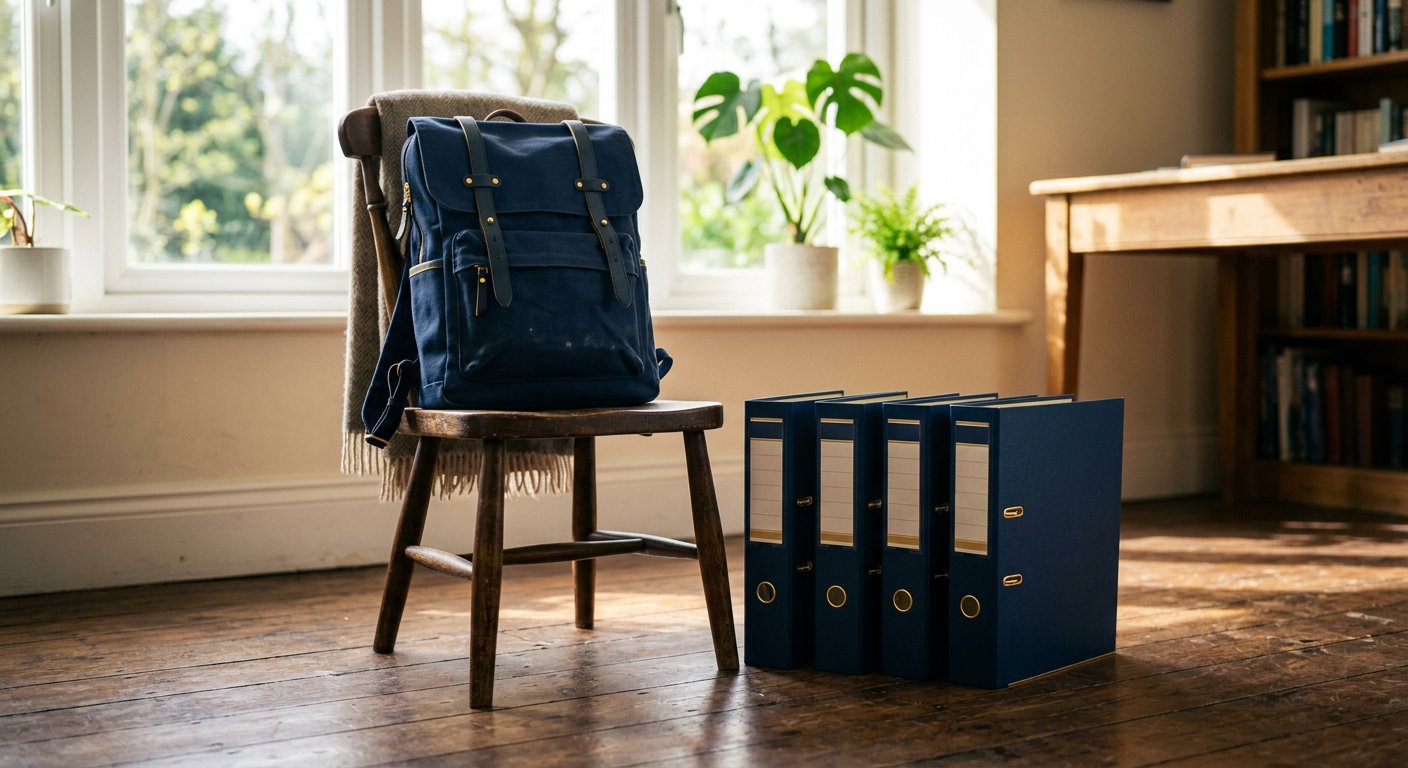 Photograph: a student backpack with a neat row of document folders ready beside it in morning light