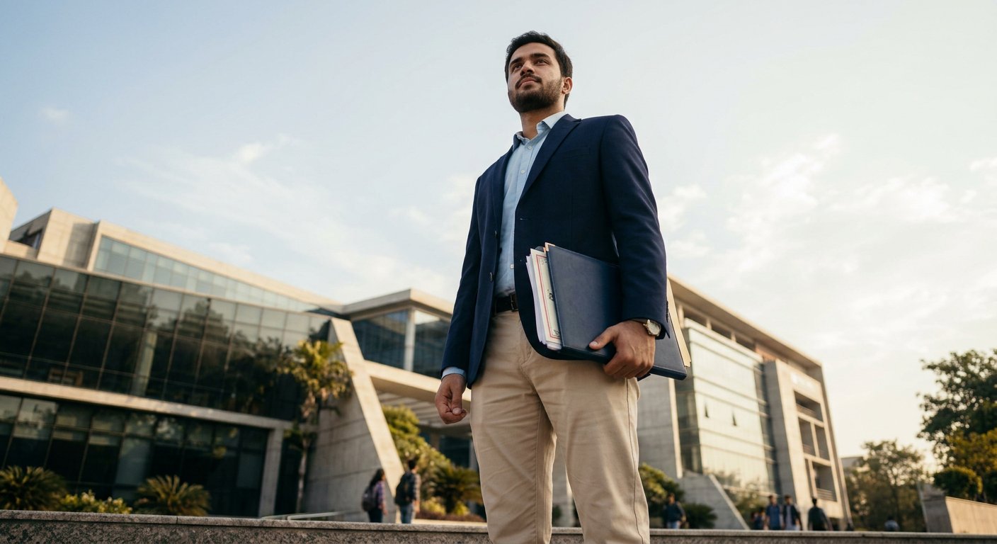 Photograph: a determined young man holding a folder of certificates outside a modern university building