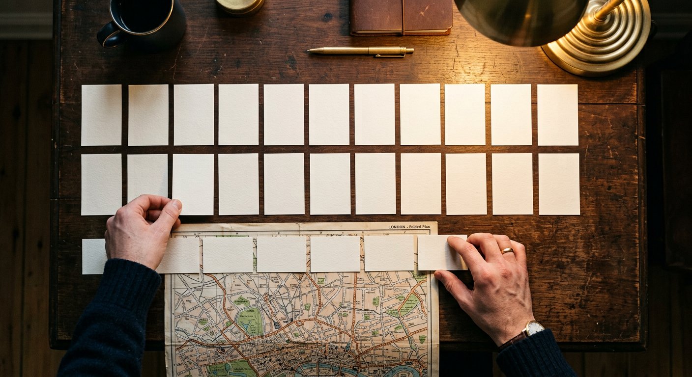 Photograph: hands arranging blank paper slips into three neat rows on a dark office desk