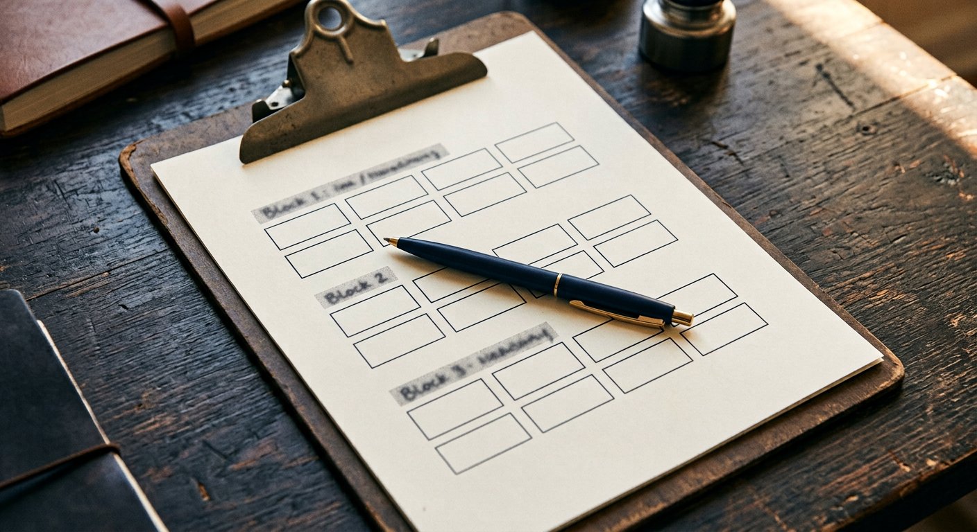 Photograph: a clipboard holding a printed grid of twelve empty boxes in three blocks on a dark desk