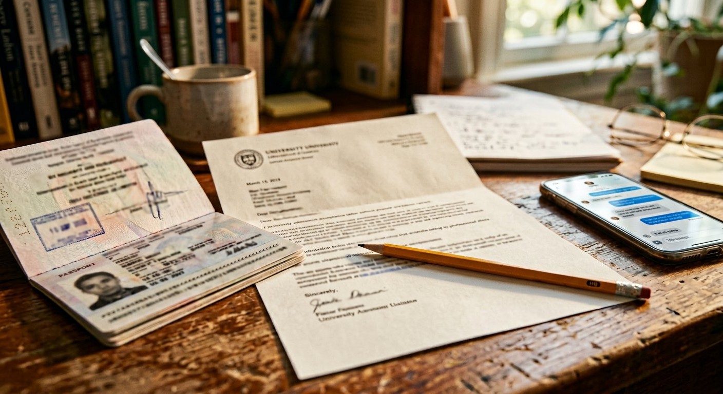 Photograph: a university admission letter on a desk with a passport open beside it and a pencil pointing at one line, a phone mid-message in the background