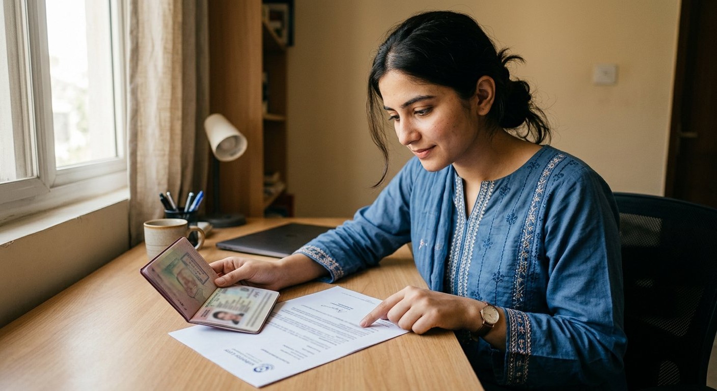 Photograph: a student holding an admission letter beside her open passport, comparing the two documents line by line at a desk