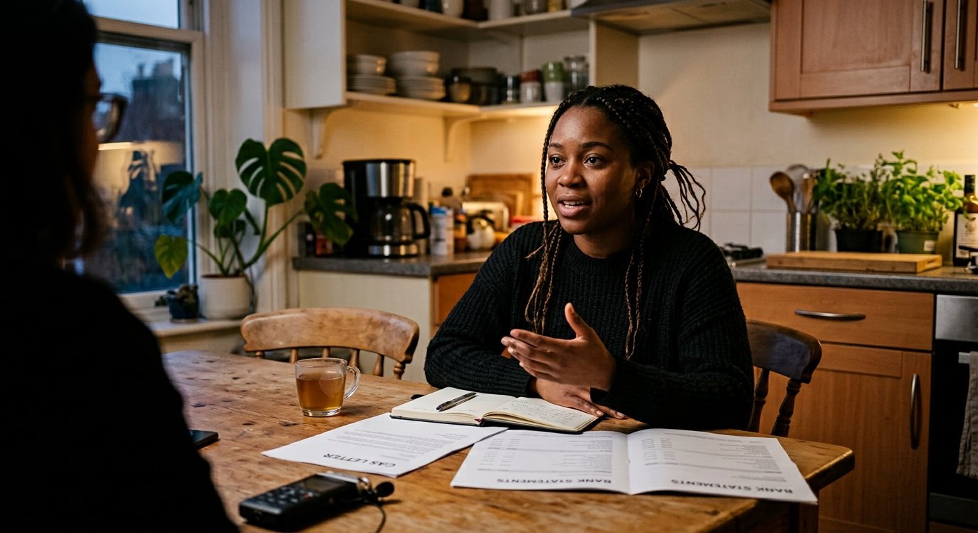 Photograph: a woman at a kitchen table rehearsing with her CAS letter and bank statements open in front of her, speaking with a rehearsed calm, evening light