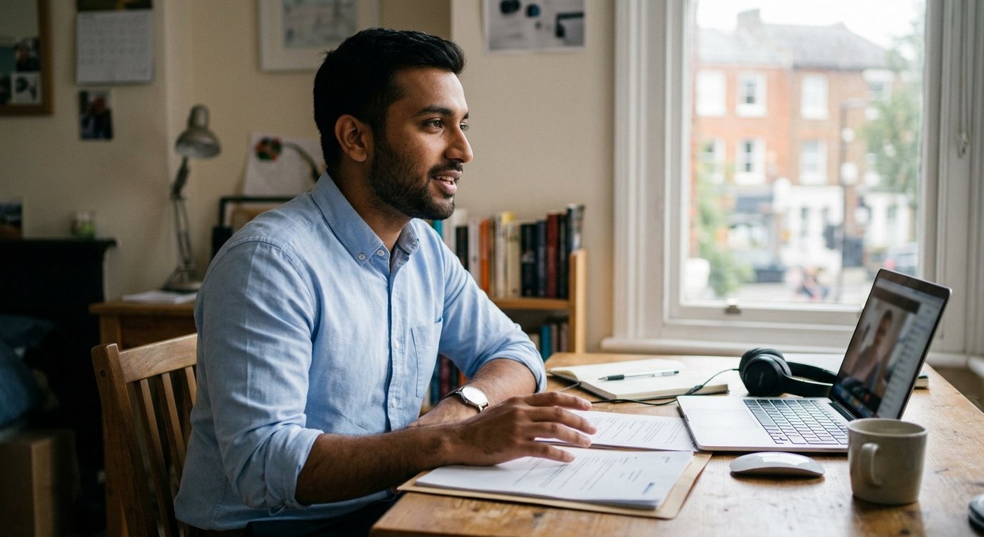 Photograph: a young man in a shirt speaking calmly at a desk with a laptop and headphones, a document folder open beside him