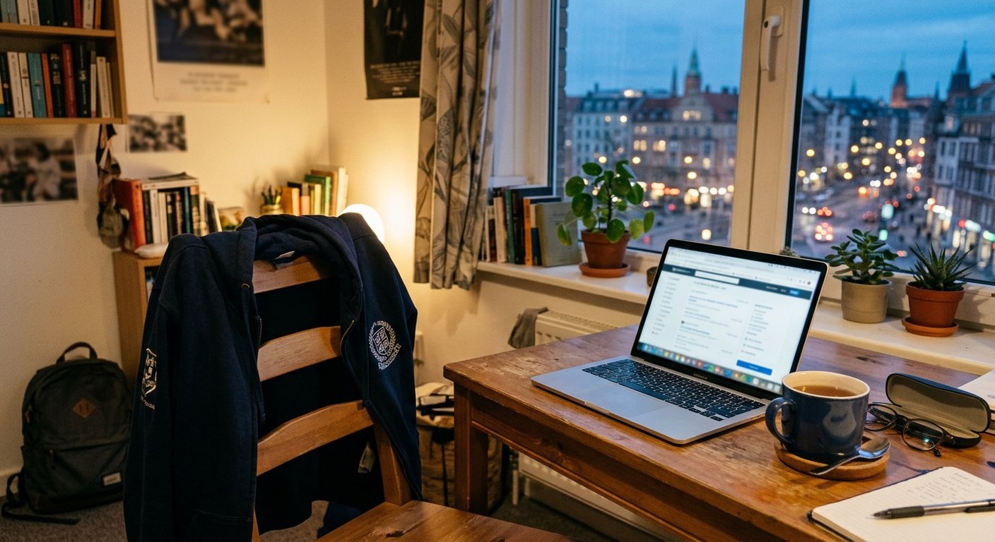 Photograph: a graduate jacket over a chair back in a small flat, a laptop open on the table showing a job board, early evening light