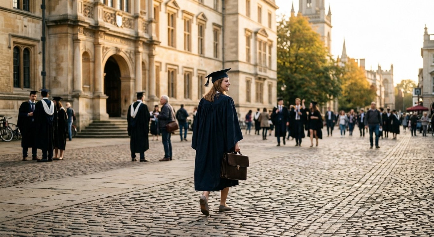 Photograph: a young graduate in a mortarboard walking away from a university building across a city square, briefcase in hand, late afternoon