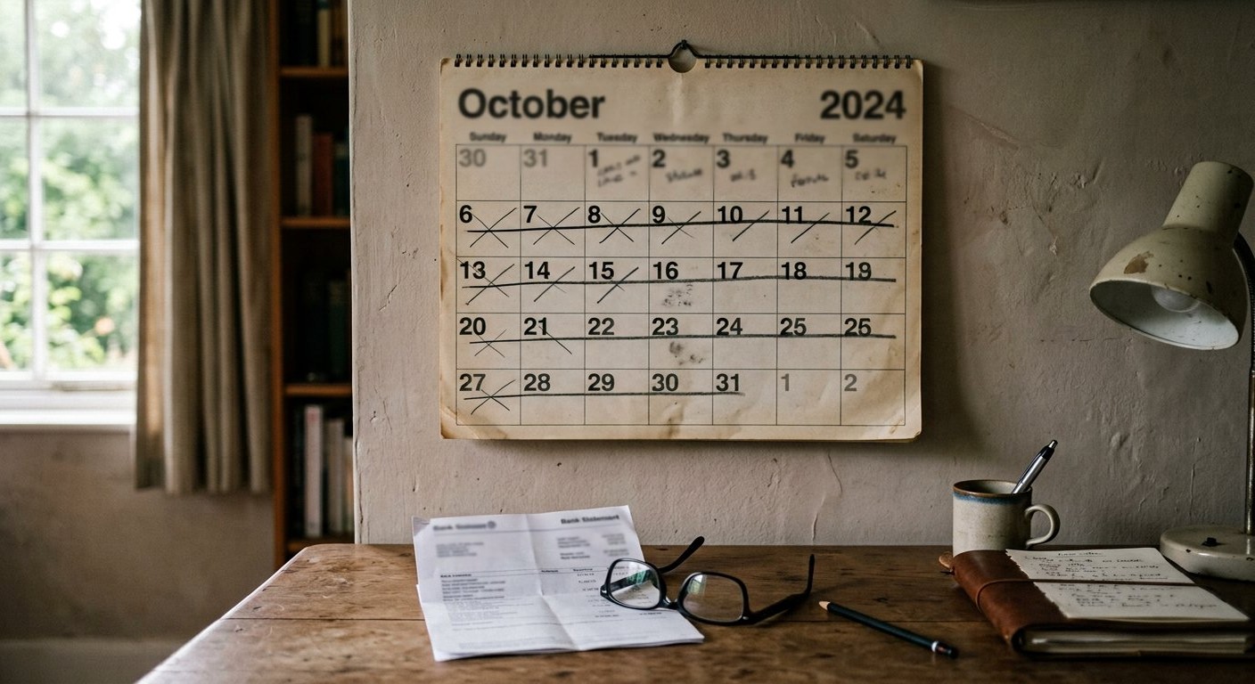 Photograph: a wall calendar with a pencil line crossing off four full weeks, a bank statement and reading glasses on the desk below