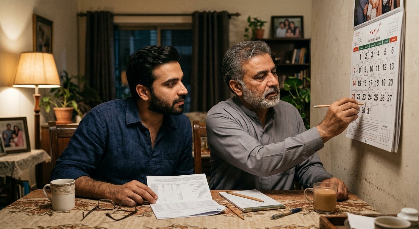 Photograph: a father and son at a dining table with a bank statement and a calendar, marking dates carefully with a pencil