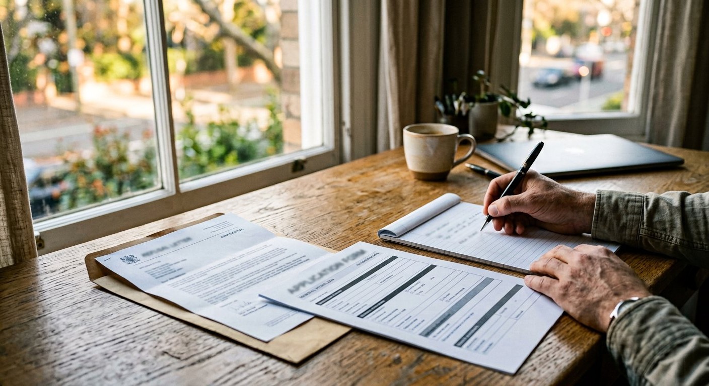 Photograph: a refusal letter beside a fresh application form on a desk, a hand writing notes on a clean sheet, morning light through a window