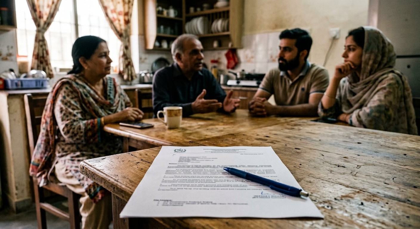 Photograph: a refusal letter on a kitchen table with a pen resting on it, a family talking it through in the background